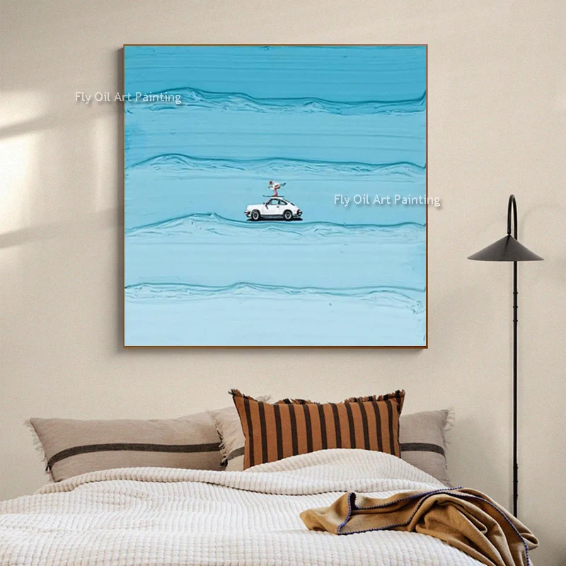 Abstract Light Blue And White Car Driving Canvas Artwork For Room Decor New Original Green Car Drive Oil Painting Handmade Artwo