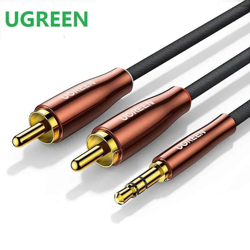 Кабель UGREEN RCA 2RCA на 3,5 мм Hi-Fi, аудиокабель с нейлоновой оплеткой RCA на AUX для DJ-контроллера, планшетов, ТВ, автомобильной стереосистемы
