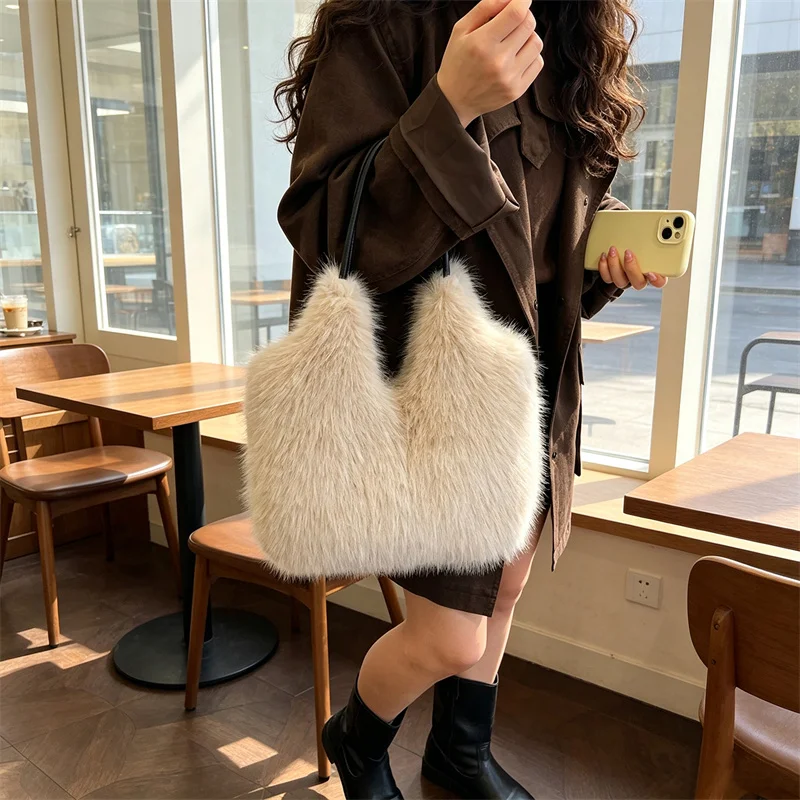 Casual women's winter bags fashion fluffy bag female shoulder bags for women fur plush bag large capacity handbags totes purse