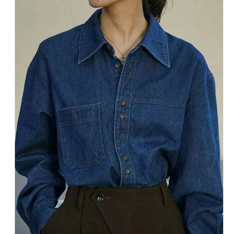 Retro Hong Kong Sle Women's Denim irt Spring Autumn Thin Design Long Sve Layering Outerwear Casual Faion Resistant t...