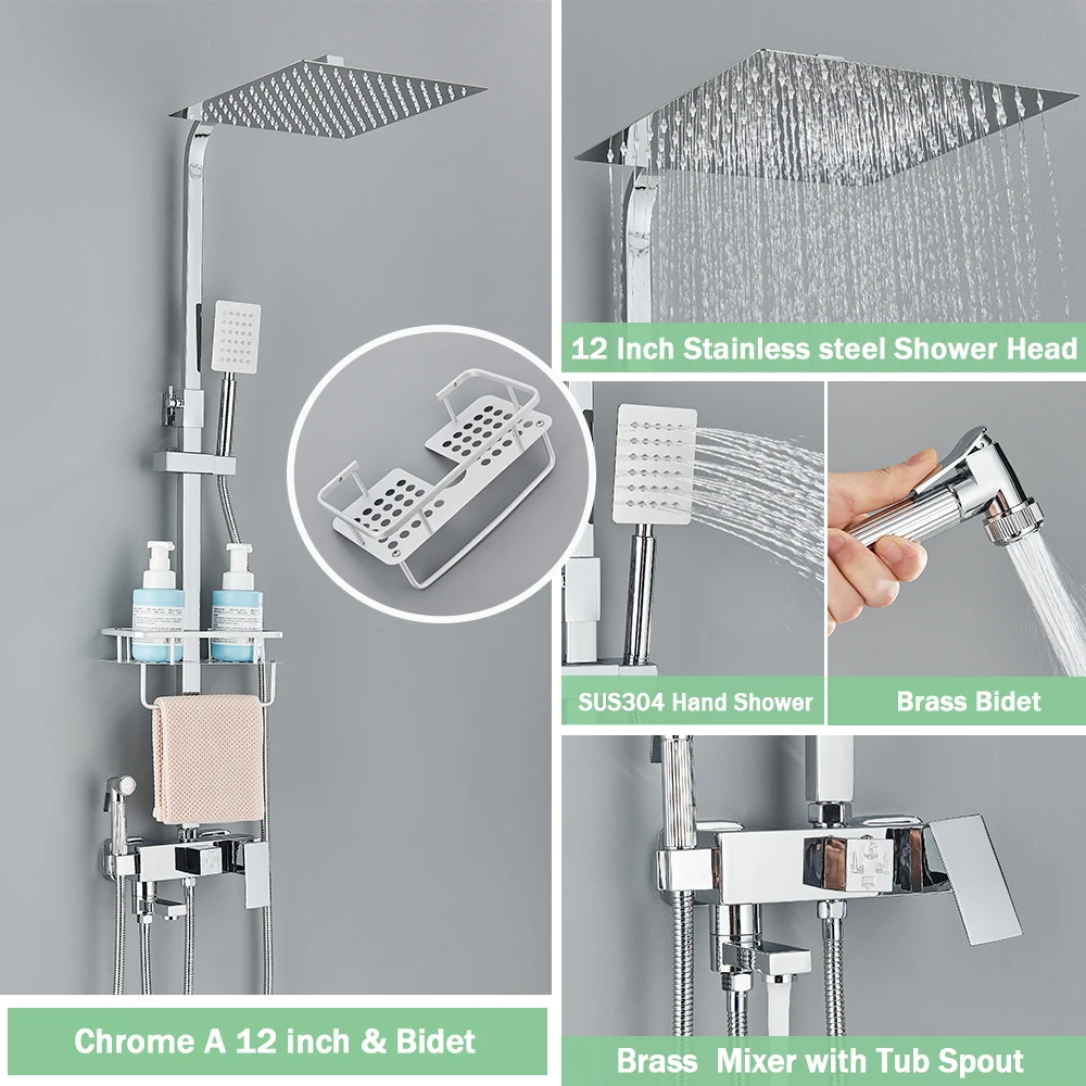 Regenval Badkamer Douchekraan Kit Met Bidet Wandmontage Roestvrij Staal Warm Koud Water Mengkraan Systeem Met Rek, Baduitloop