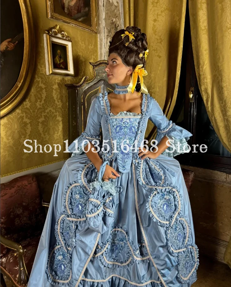 Historic Mid Century Prom Dress 2025 Sky Blue Handmade Lace Pleated Appliquéd Embroidered Victorian Custom Opera Gown فساتين سهر