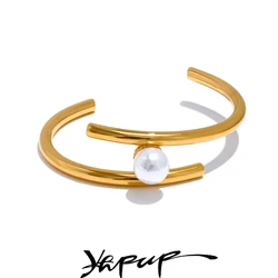 Yhpup 316L Stainless Steel Pearl Double Layer Cuff Bracelet Bangle Stylish Unique Design Elegant Wrist Jewellery Gift