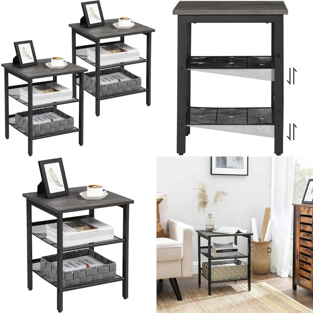 

Pair of Adjustable Shelf Side Tables, Industrial Style, Steel Frame, Easy Assembly, Charcoal Gray and Black