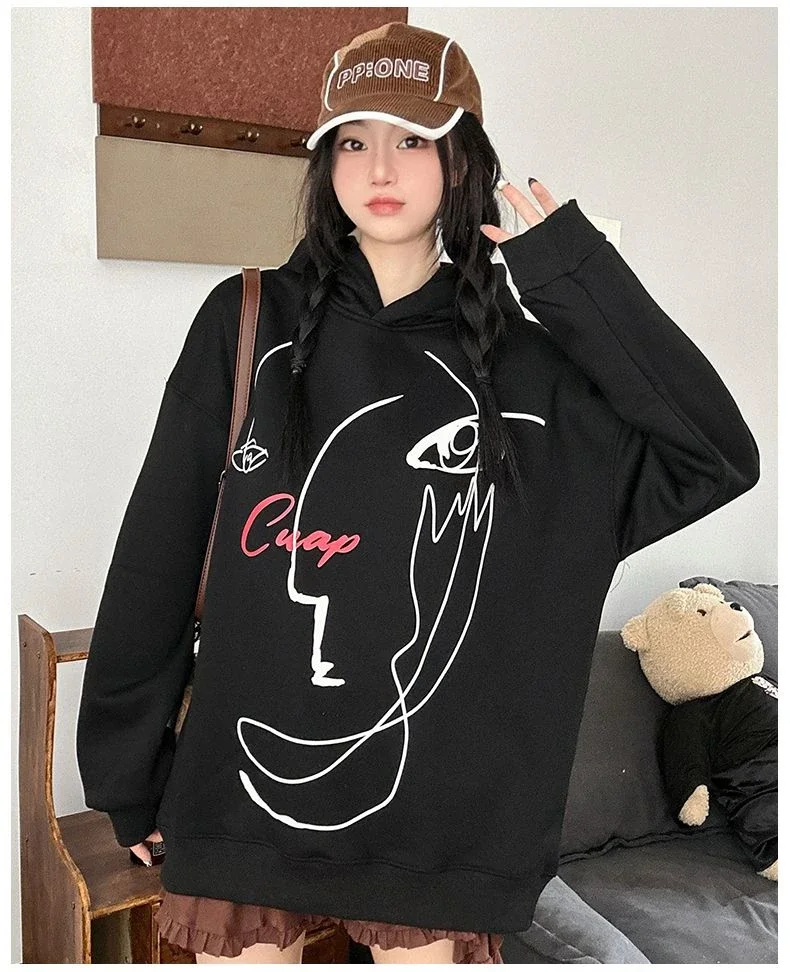 Europeand the United States women's simple loose fashion new cartoon animation printing loose leisure hooded sweater sports tops