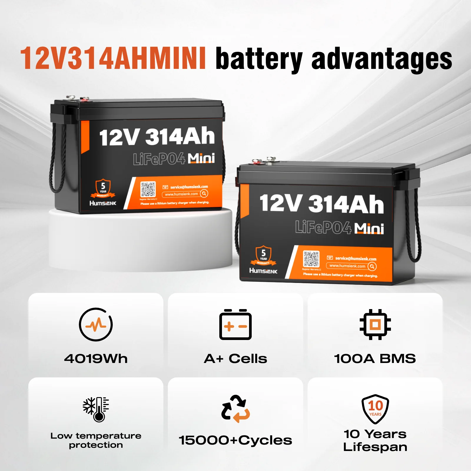 Humsienk 12V 314Ah MINI LiFePO4 Battery, Capacity 4019Wh & 200A BMS, 15000+ Deep Cycle, Low-Temp Protection For RV, Van, Golf Cart, Boat, Camper, Marine, Trolling Motor, Off-Grid, Solar Energy Storage, 5-Year Warranty - view 8
