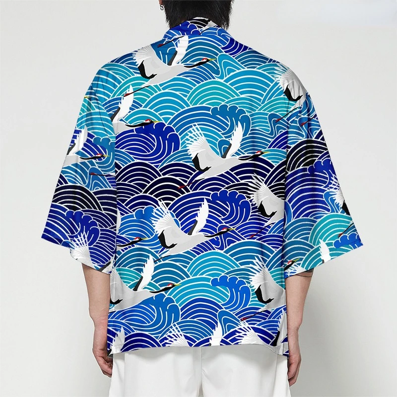 

Summer Crane Print Kimono Hawaiian Shirt Beach Tops Fashion Yukata Bathrobe Haori Loose Kimono Trendy Cosplay Unisex Outwear