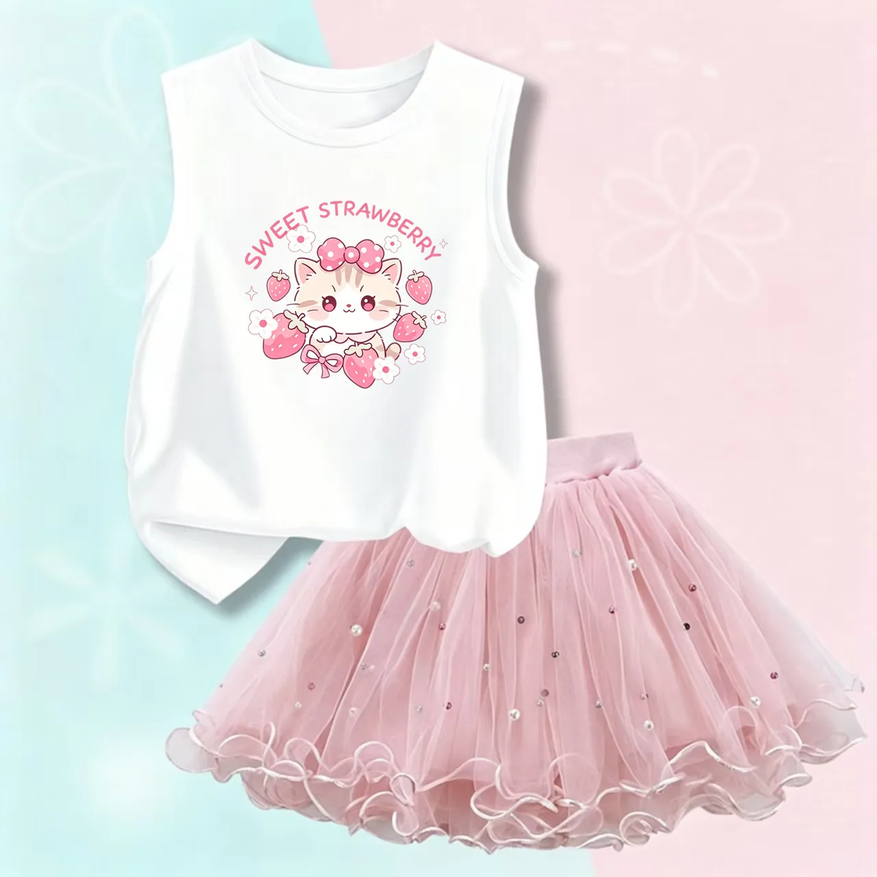 2Pcs Girls Tutu Skirt Set Cute Cat Strawberry Print Sleeveless Tank Top Pearl Tulle Summer Casual Outfit CMM1