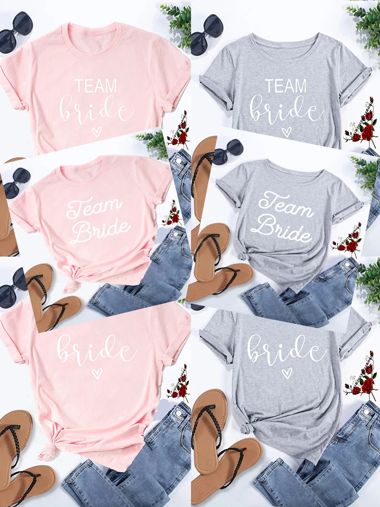 Team Bride Print Women Short Sleeve T Shirt Bachelorette Wedding Party Graphic T-shirt Harajuku Tshirt Female Pink Grey Tee Tops