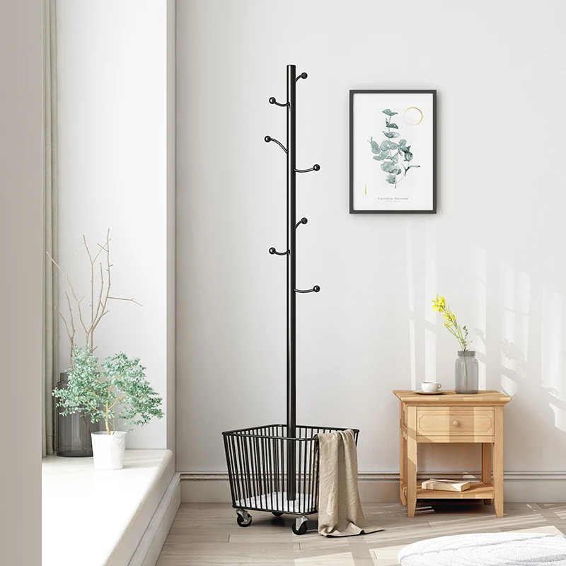 YY Movable Bedroom Floor Hanger with Storage Basket Home Nordic Coat Rack