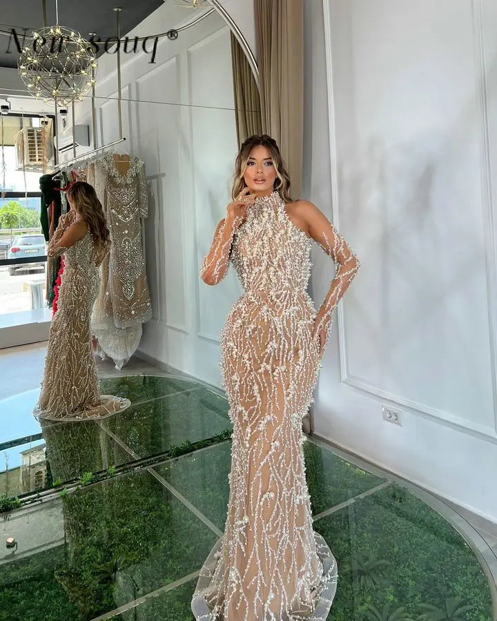 Arabic Nude Champagne High Neck Evening Dresses Pearl Sequins Mermaid Celebrity Prom Gowns Customize Night Party Vestidos 2024