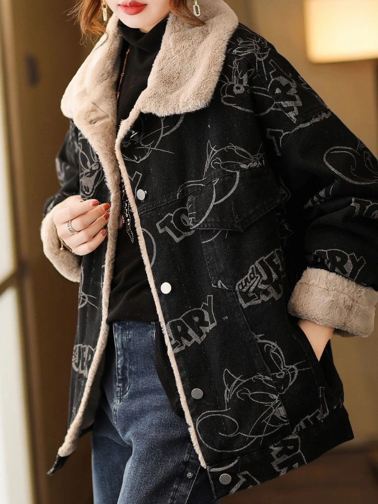 2022 New Winter Coat Women\'s New Fashion Hepburn Woolen Stitching Denim Print Warm Coat Denim Jacket Women Coat Women Goth