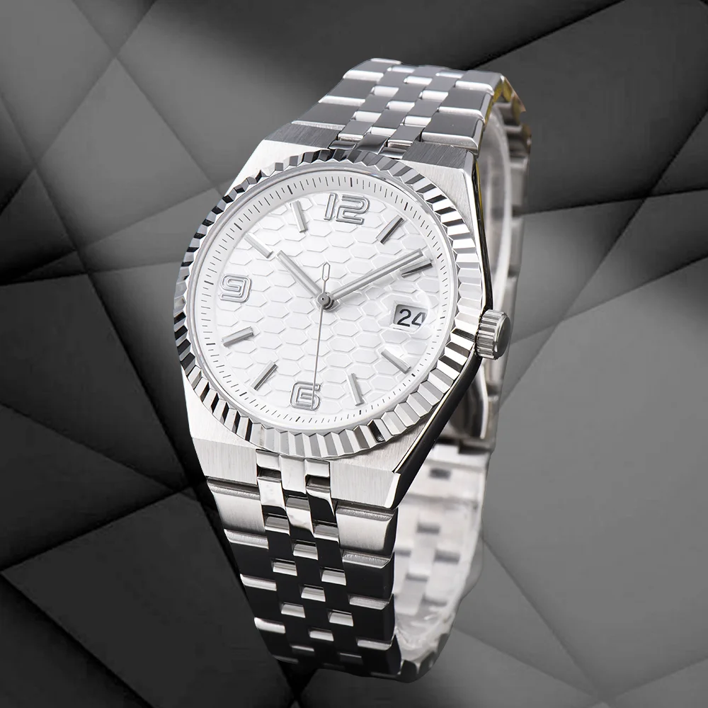 Reloj personalizado con movimiento NH35, reloj plateado de 39,5mm para hombre, esfera de zafiro con espejo de cuerpo completo, relojes con logotipo personalizado