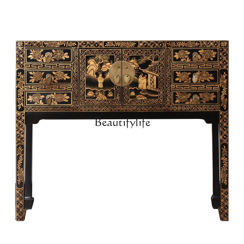 

New Chinese style gold-painted entrance hall strip case, entrance cabinet, solid wood antique and old painted edge