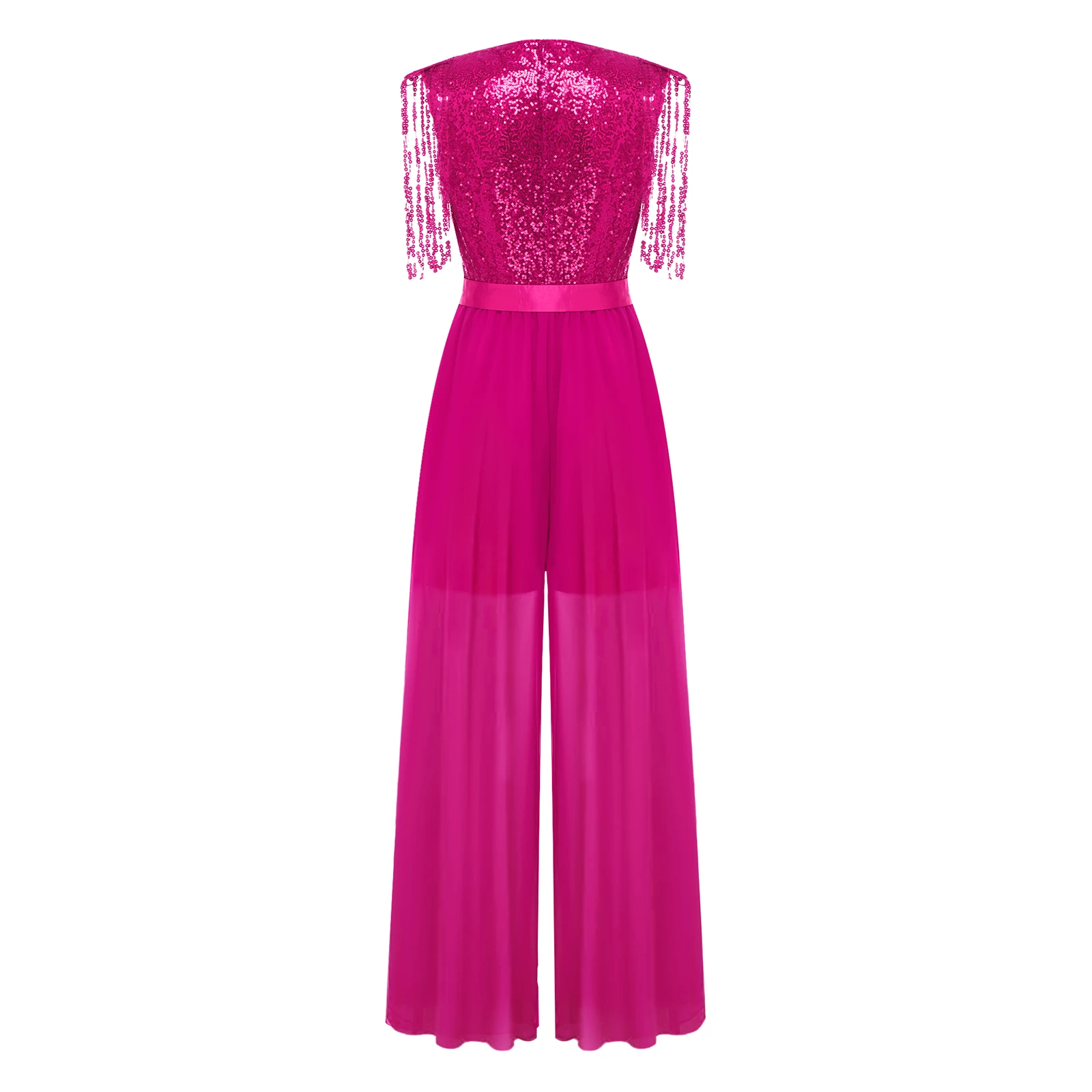 Sequin Jumpsuits for Women Dressy Tassel Fringe Jumpsuit Evening Disco Outfit V Neck Cocktail Club Party Costume Wide Leg Romper