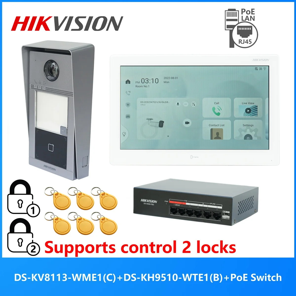 HIKVISION Mehrsprachiges POE-Video-Gegensprechanlagen-Set, inklusive DS-KV8113-WME1(C) & DS-KH9510-WTE1(B) & PoE-Switch