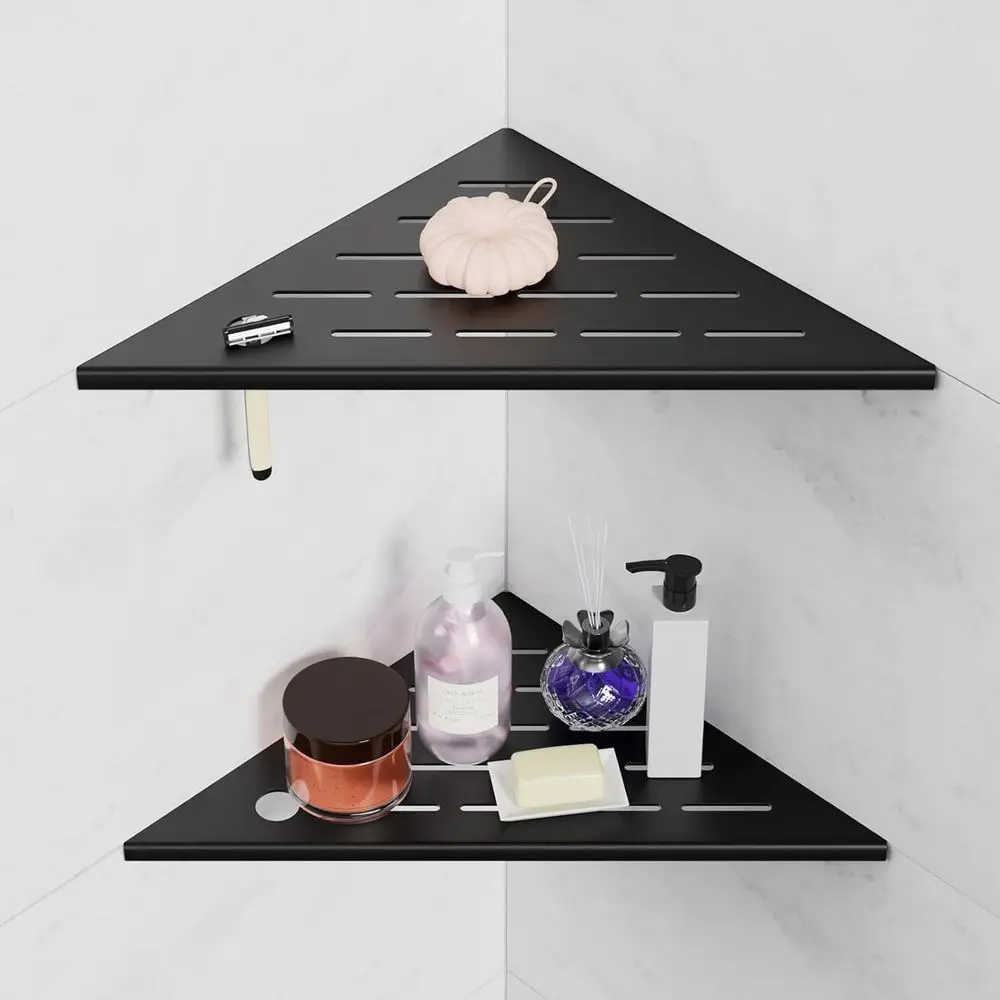

Set of 2, 10-Inch Matte Black Stainless Steel Shower Shelves with Razor Holder, Rust-Resistant for Tile Walls, Modern Bathroom O