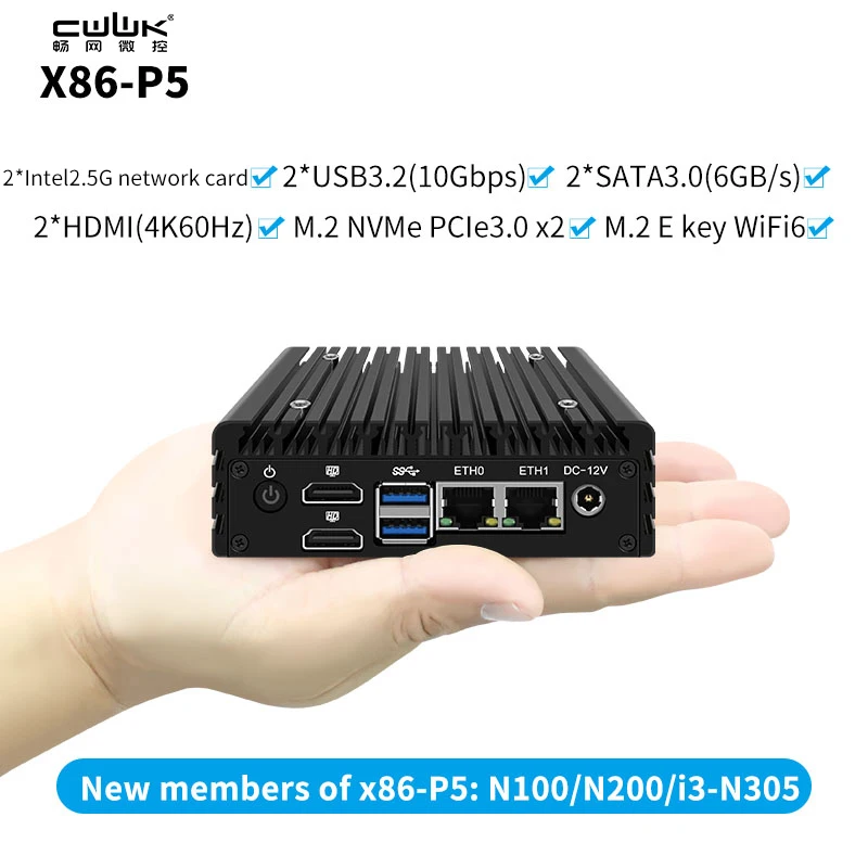 

X86 P5 Fanless Mini PC Firewall Router 12th Gen Intel N305 DDR5 4800MHz 2x i226-V 2.5G LAN HDMI2.1 Proxmox Server