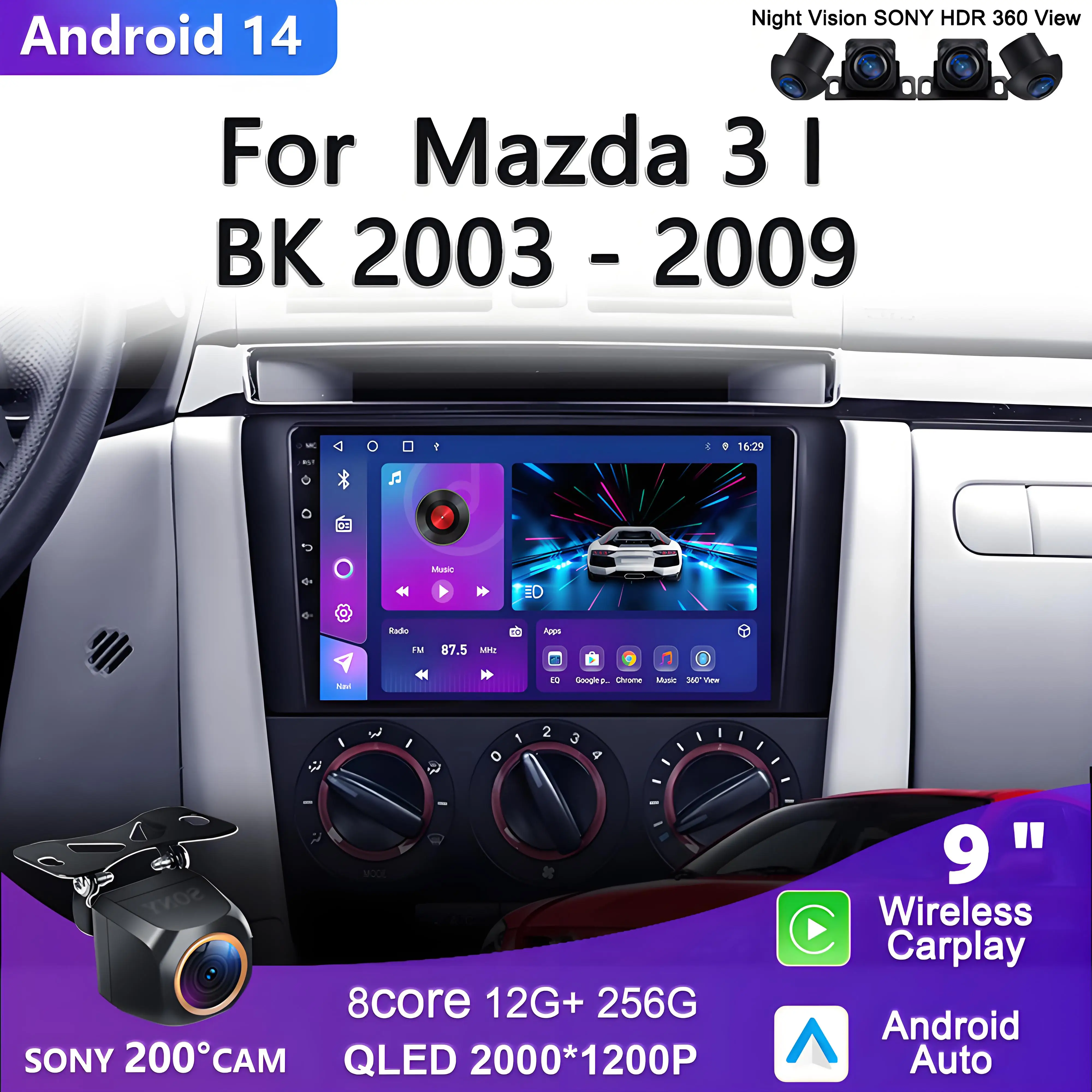 

Android 14 для Mazda 3 I для Mazda3 BK 2003-2009 Мультимедийный плеер Радио Стерео головное устройство GPS-навигация 5G Без 2din DVD-экран