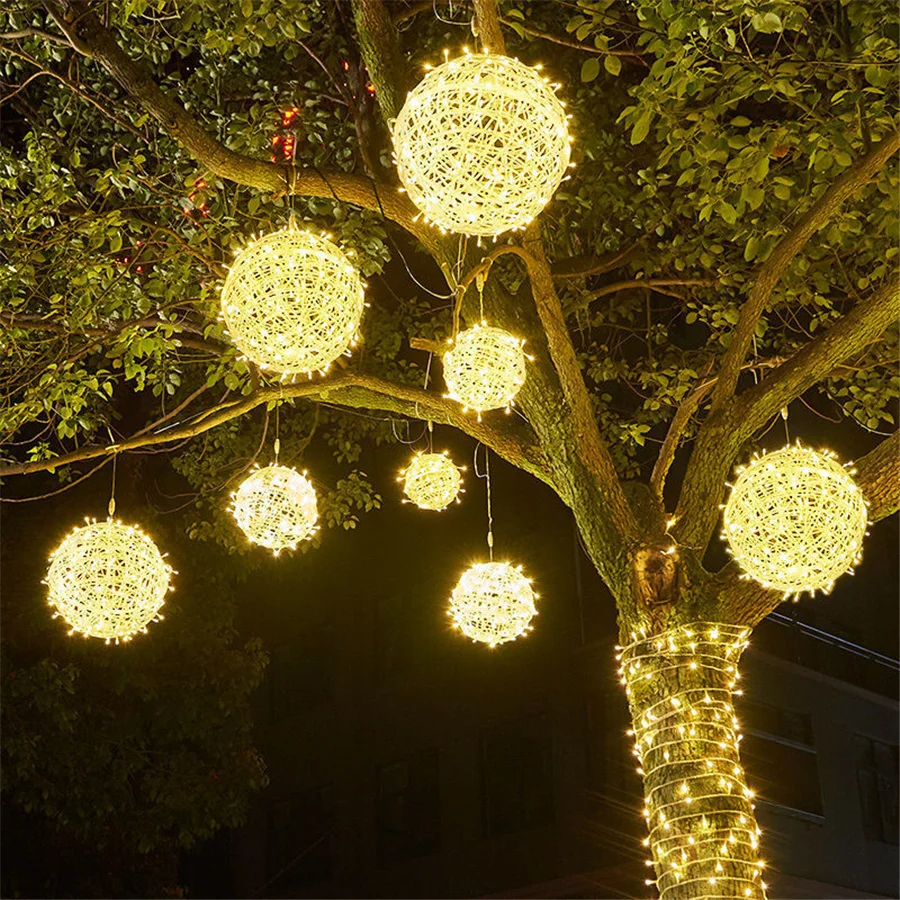 Guirxiété lumineuse LED boule de rotin sans prise, lumières de Noël, extérieur, nickel é, guirxiété, jardin, fête, vacances, nouvel an, décor, 220V, 20 cm, 30cm