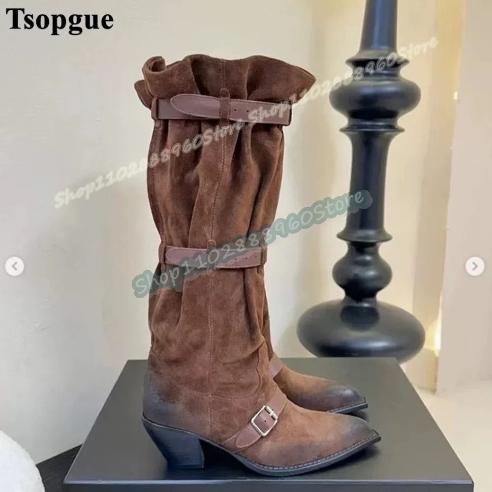 

Knee High Retro Style Brown Flock Buckle Strap Boots Thick Heel Women Shoes Slip On Pointed Toe Occidental Style Party Boots