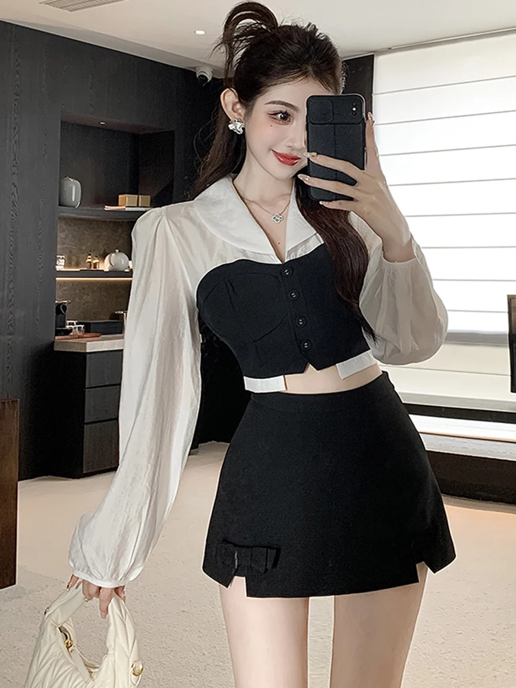 Two Piece Set Women Hit Color Splicing Puff Long Sleeve Slim Crop Tops + Bow Mini Skirt Outfits Korea Fashion Sweet Lady Clothes