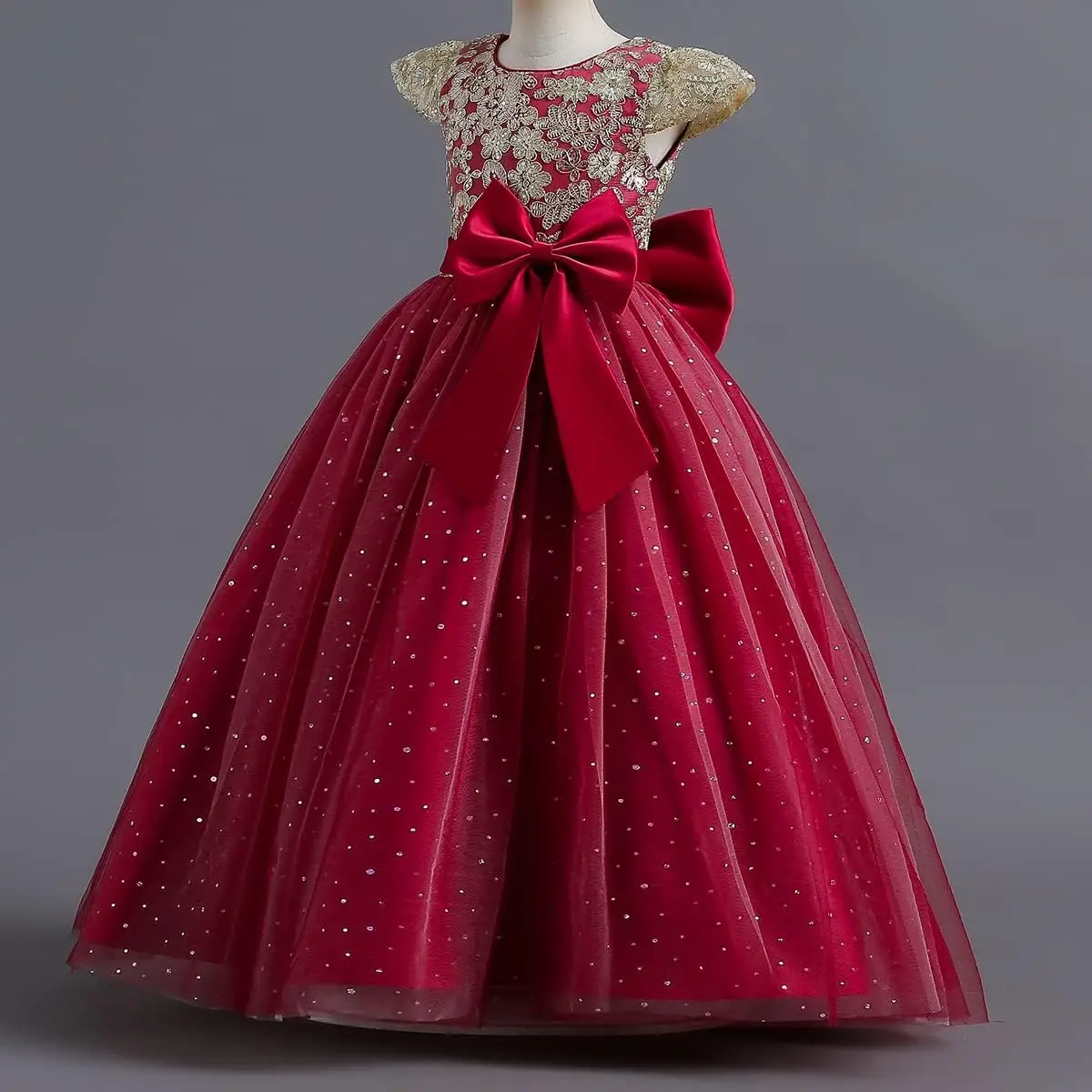 فستان زفاف فتاة الزهور فستان دانتيل مطرز، فستان التواصل، فستان الأميرة الجميلة للأطفال لحفلات أعياد الميلاد الرائعة