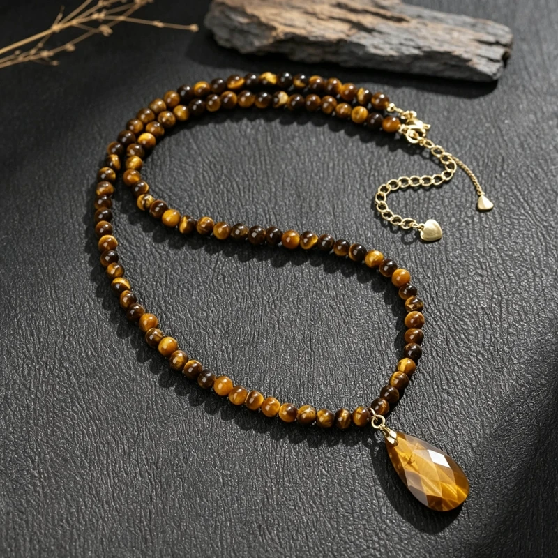 JD 41cm Natural Gemstone Pendant Necklace Amethyst Lapis Lazuli Tiger Eye Faceted Teardrop Bead Jewelry for Women Handmade Gift