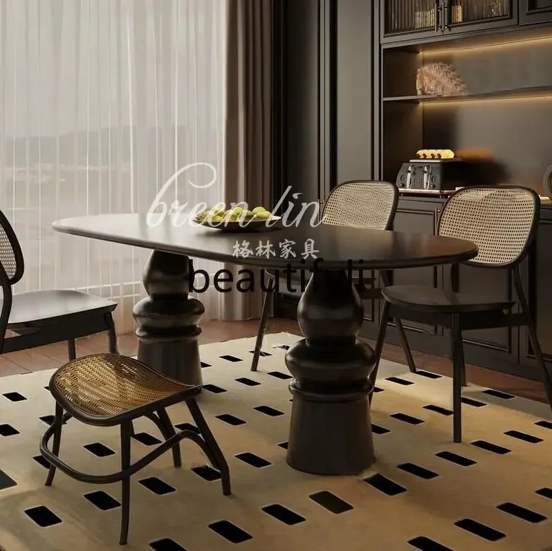 

French neoclassical solid wood dining table retro cylindrical tea table American light luxury multi-person dining table6220