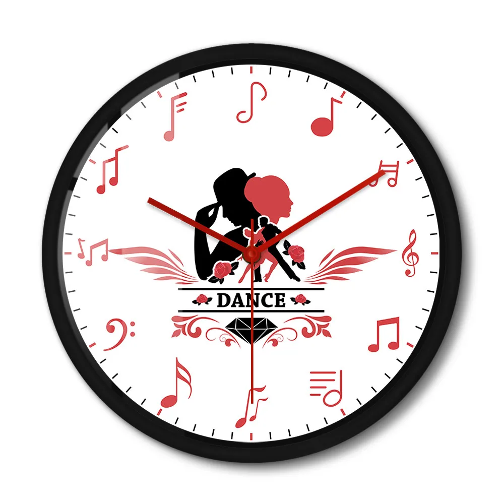 

Tango Couple Dancing With Music Notes Decorative Metal Wall Clock For Ballroom Dancers Bedroom Sweep Non Ticking Wall Watch