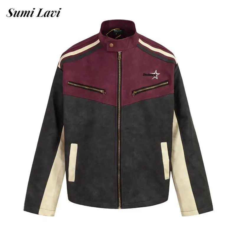 

Vintage Patchwork PU Leather Jacket Coat Mens Autumn Winter Fashionable Zip-up Jackets Men New Casual Stand Collar Outerwear