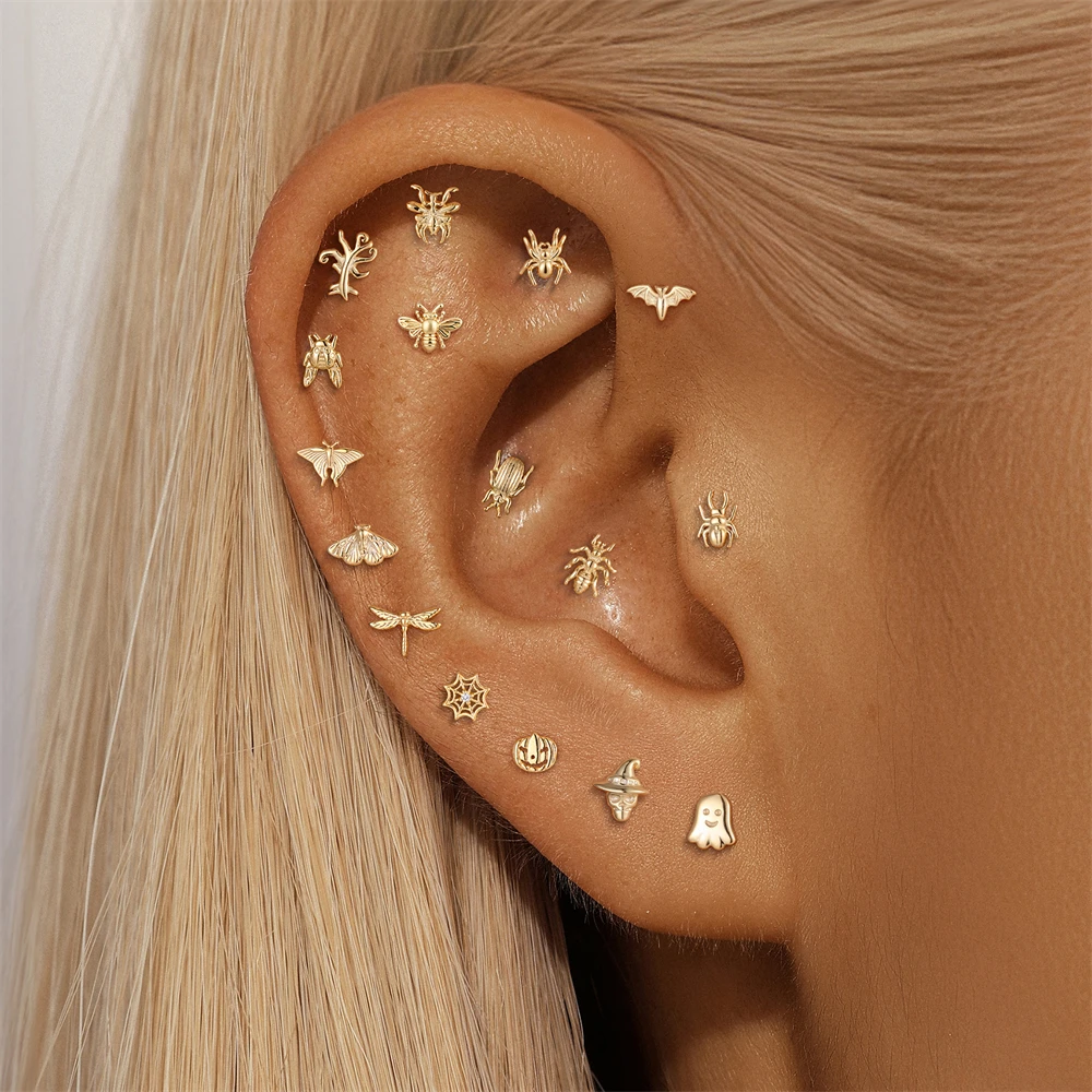 ROXI 1PC S925 Silver Halloween Piercing Stud Earring Evil Pumpkin Witch Hat Skull Spider Web Dead Tree For Women Holiday Gifts