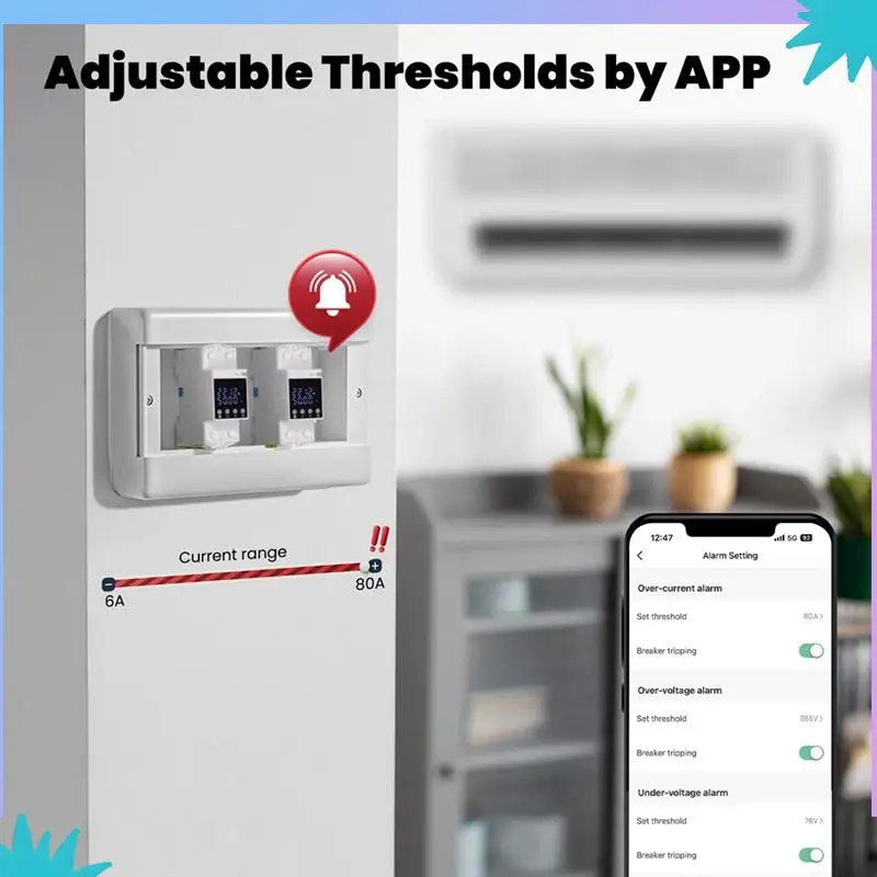 ABZW Tuya Wifi قطاع دارة ذكي 80A-مجموعة عتبة إنذار مراقبة الكهرباء V0 مقاومة للحريق APP التحكم