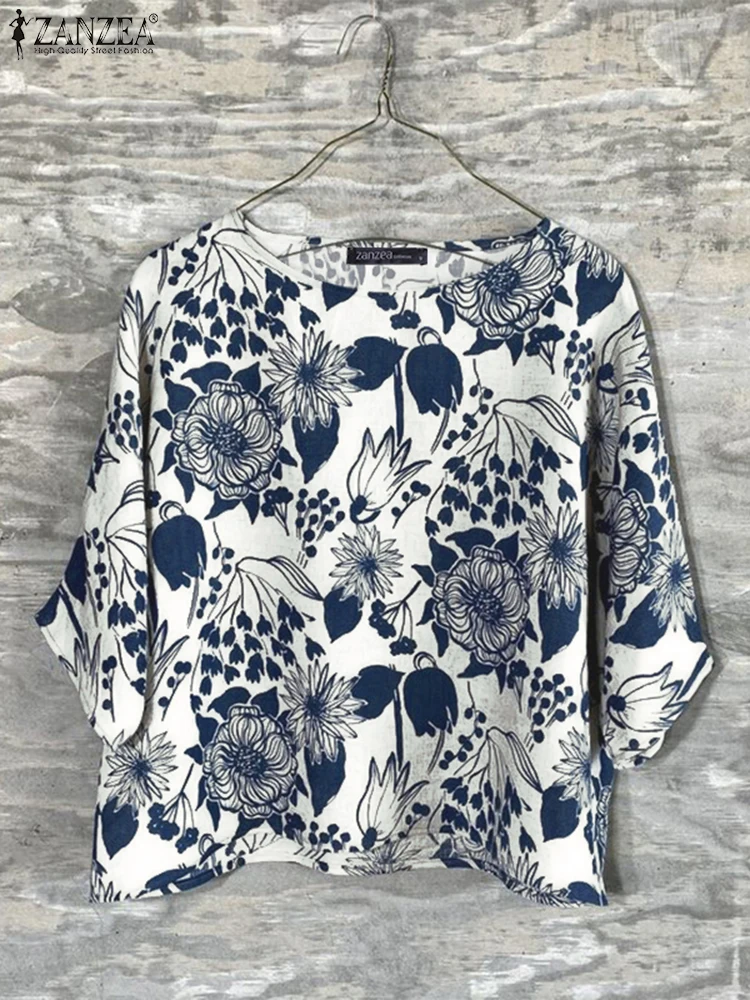

ZANZEA Womens Fashion Floral Printed Blouses Loose O-Neck 3/4 Sleeve Blusas Mujer Summer Casual Day Wear Lightweight Tunic Tops
