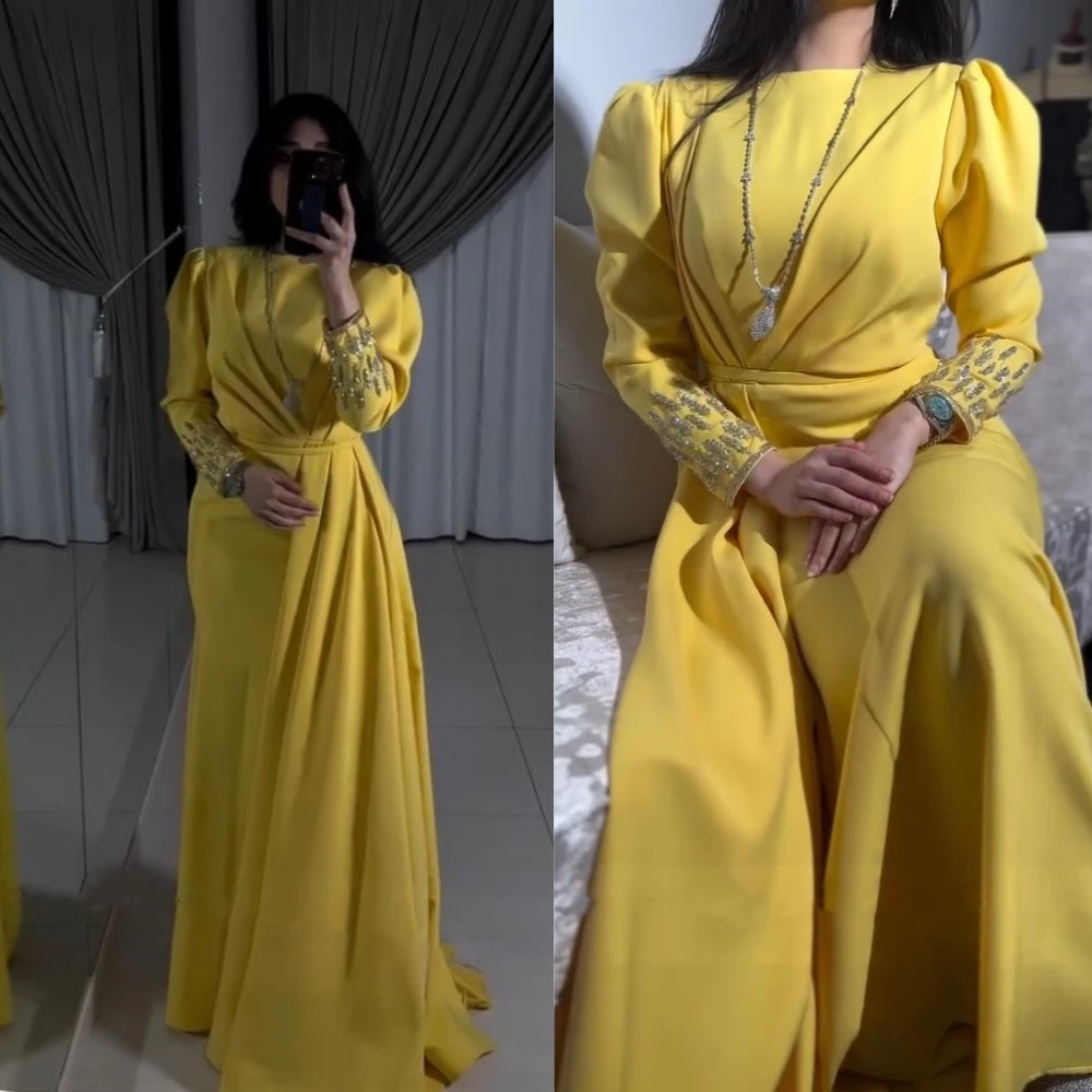 Vestido largo drapeado de satén con cuentas de Arabia Saudita, traje Formal de noche, línea A, joya a medida, para ocasiones