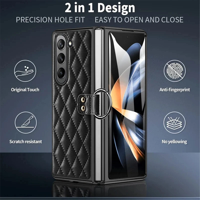 For Samsung Galaxy Z Fold 6 Z Fold 5 Leather Case With Ring Screen Protector Plating Woman Girl Luxury Phone Case For Z Fold 4 3