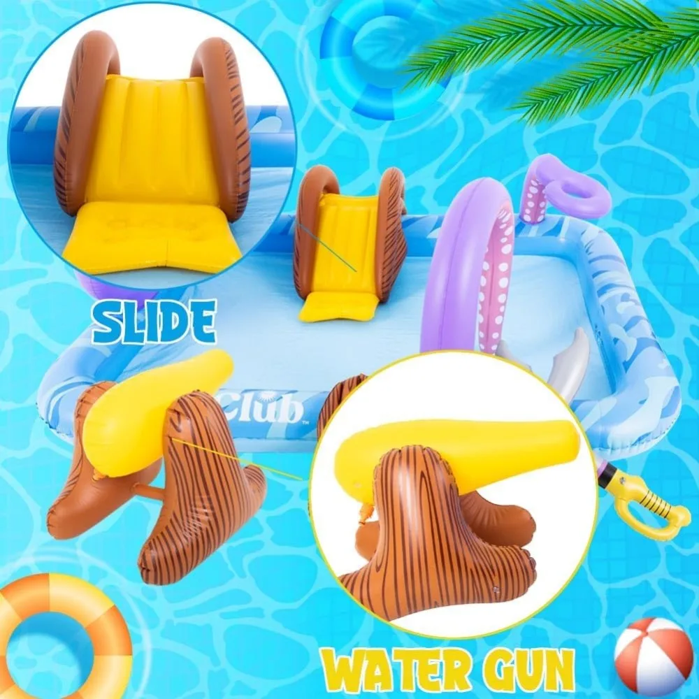 Inflatable Play Center, Inflatable Octopus Spray Pool with Base Pool Slide Wooden Block Octopus Blow up Water Slides for Kids