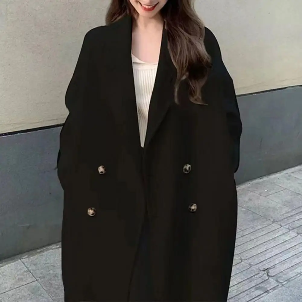 Spring Autum Jacket Thickened Windproof Warm Women\'s Double-breasted Trench Coat with Lapel Pockets Long Sleeves Mid Length