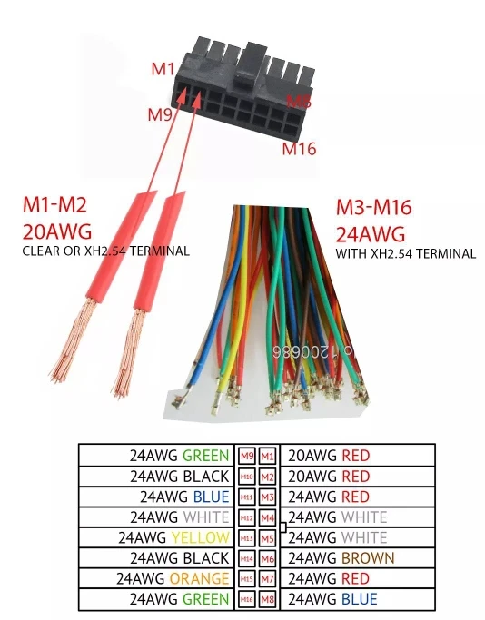 1.2M 120CM 16PIN XH 2.54 16POS 24AWG Micro-Fit 3.0 43025 Molex 3.0 2x8pin 0430251600 16 pin WM2490-ND custom wire harness