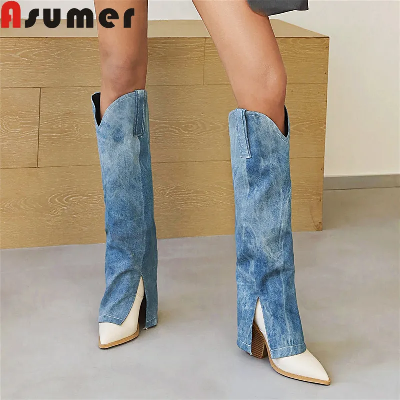 ASUMER Fashionable And Versatile Essential For Travel Woman Boots Denim Simple Thick Heel Blue Pointed Toe New Boots