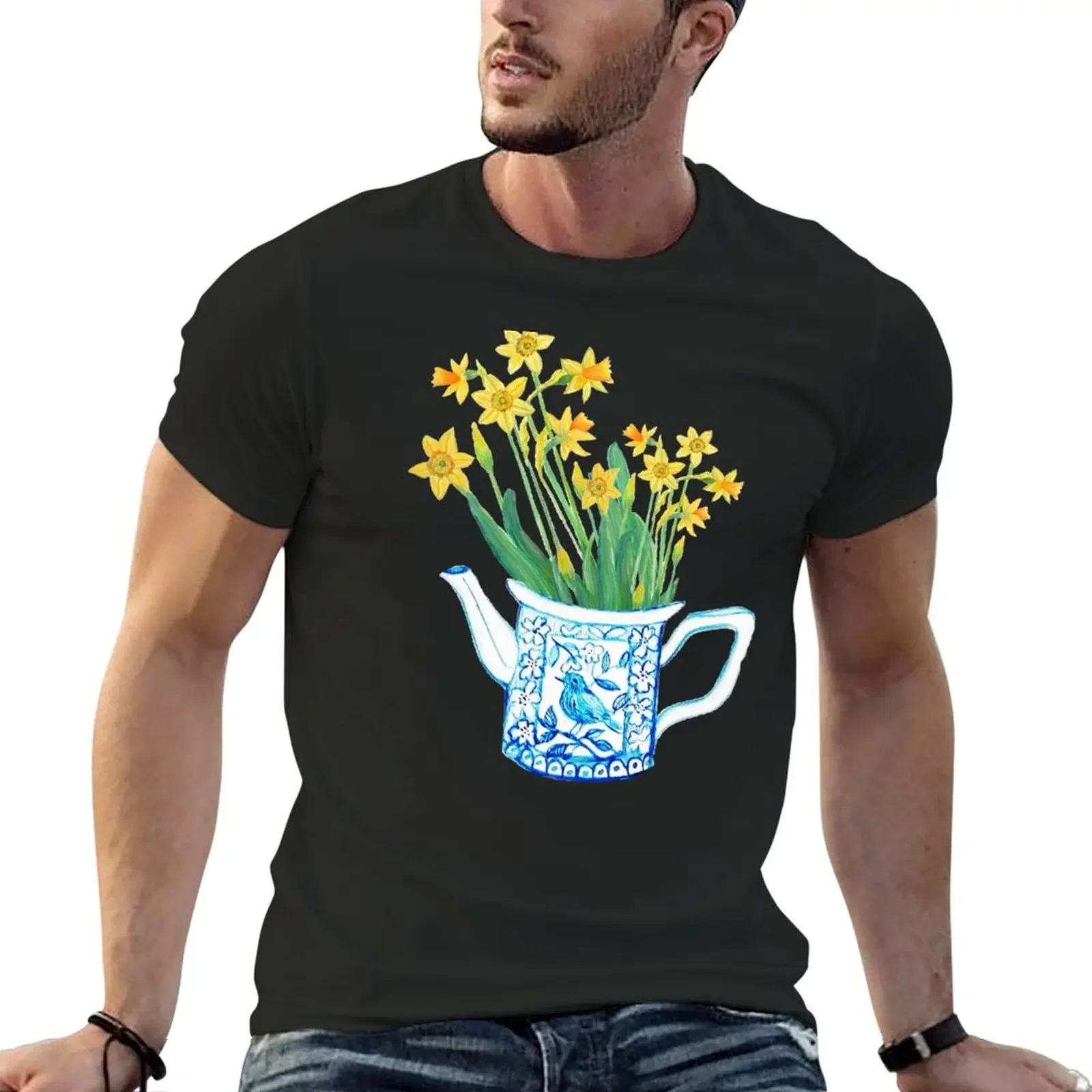 Daffodil watercolor in blue and white teapot T-Shirt summer tops boys whites vintage graphic tee sweat shirts, men