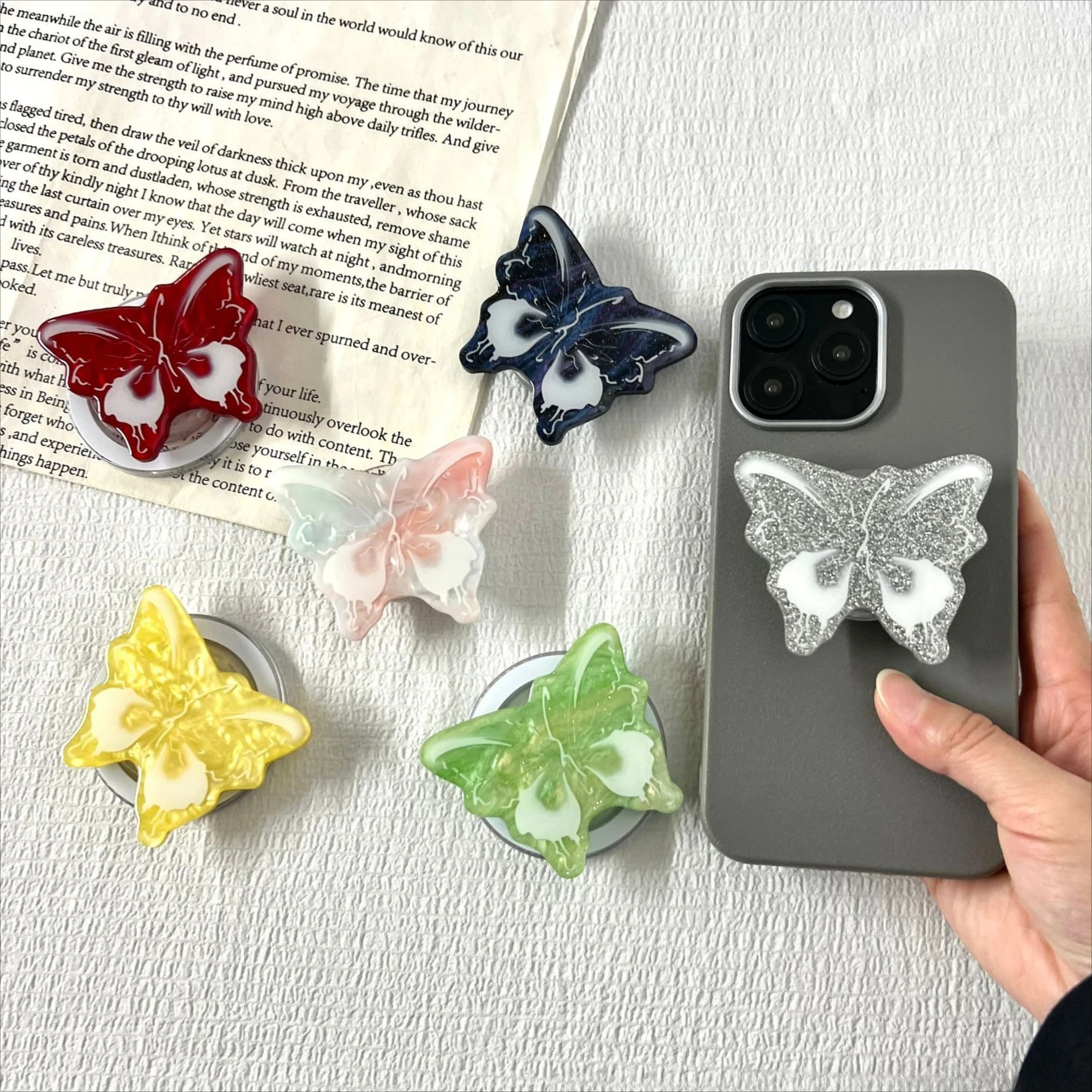 

Butterfly Magnetic Phone Grip Holder Adhesive Mobile Desktop Stand Airbag Bracket Folding Finger Socket Universal Cell Decor