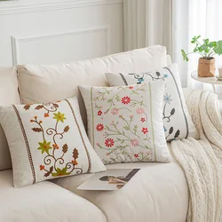 45x45cm Floral Embroidered Throw Pillow Covers Farmhouse Cottage Blue Flowers Green Leaves Pattern Cotton Canvas Cushion Case