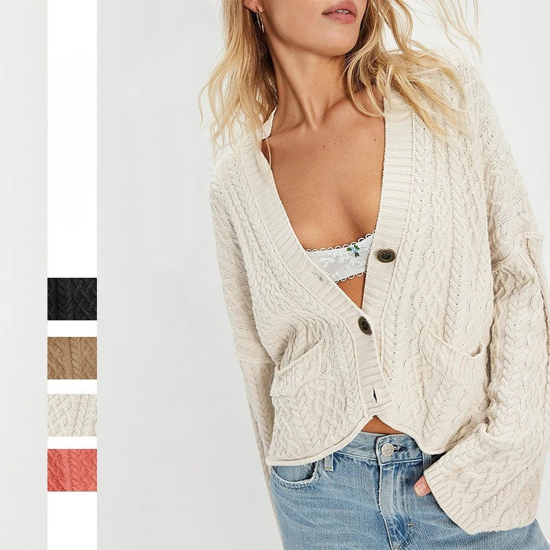 

Women Cardigan Jumper Knitted Solid Sweaters Twist Knit Pocket Button V Neck Long Sleeve Single Breasted Streetwear 2025 Autumn