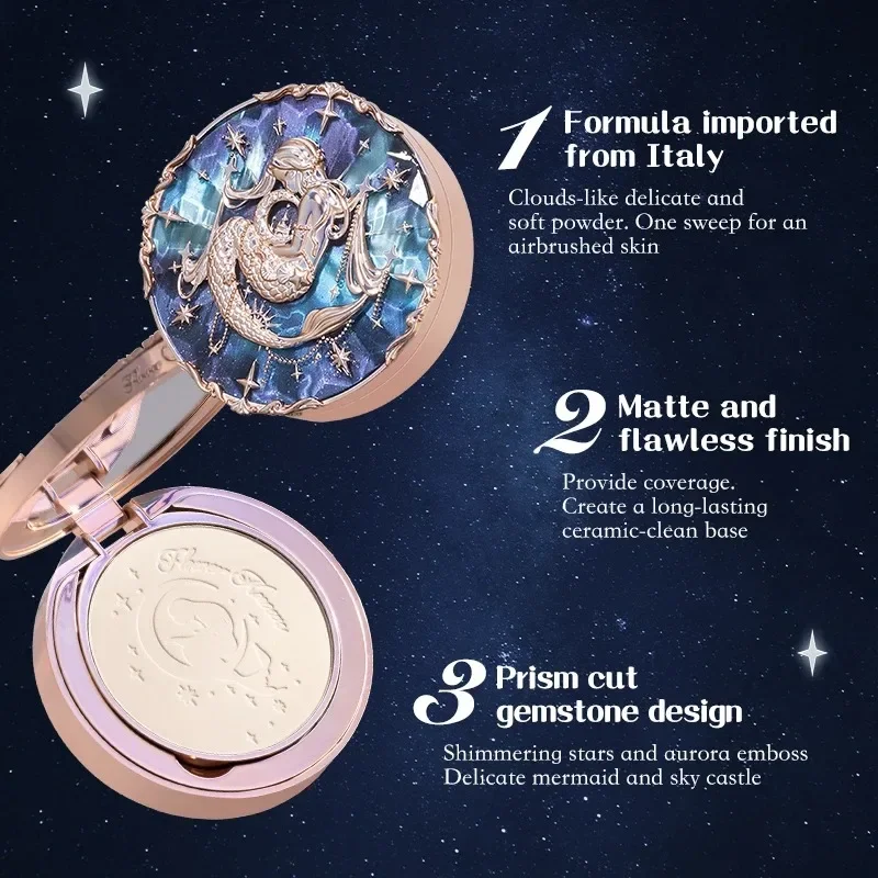 Flower Knows Pressed Foundation Powder Makeup Moonlight Mermaid Matte Soft Compact Powder Oil Control Waterproof Face Powder