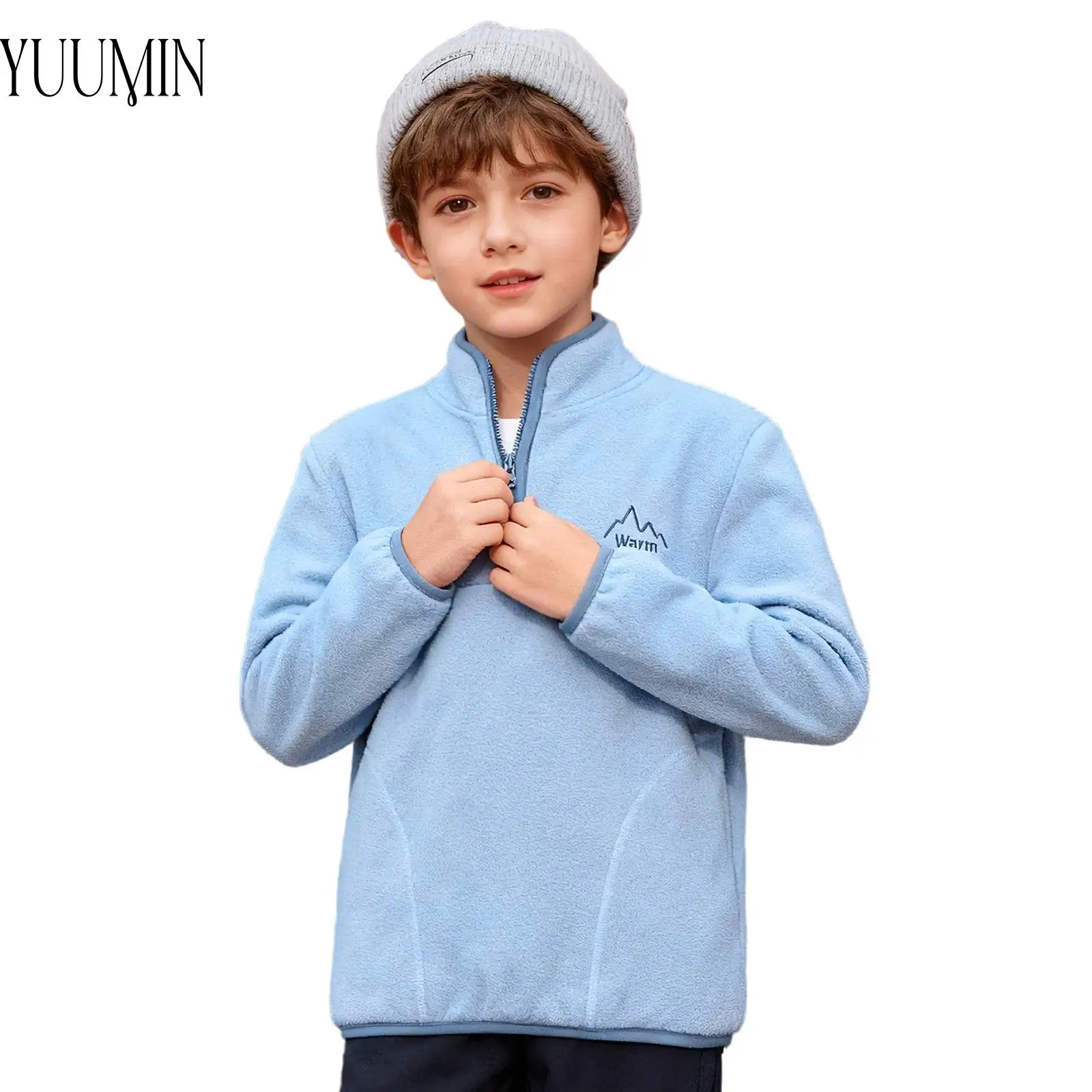 

Детский теплый флисовый свитшот для мальчиков, осенняя одежда, пуловер с длинными рукавами на молнии, топ с карманами для повседневного использования, кемпинга, пешего туризма