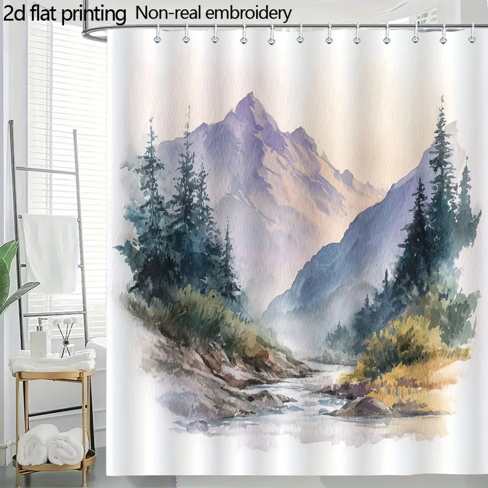 Watercolor Mountain Stream Landscape Shower Curtain 1pc with 12 Hooks for Bathroom Home Decor Polyester Print 70.8x70.8 Inch