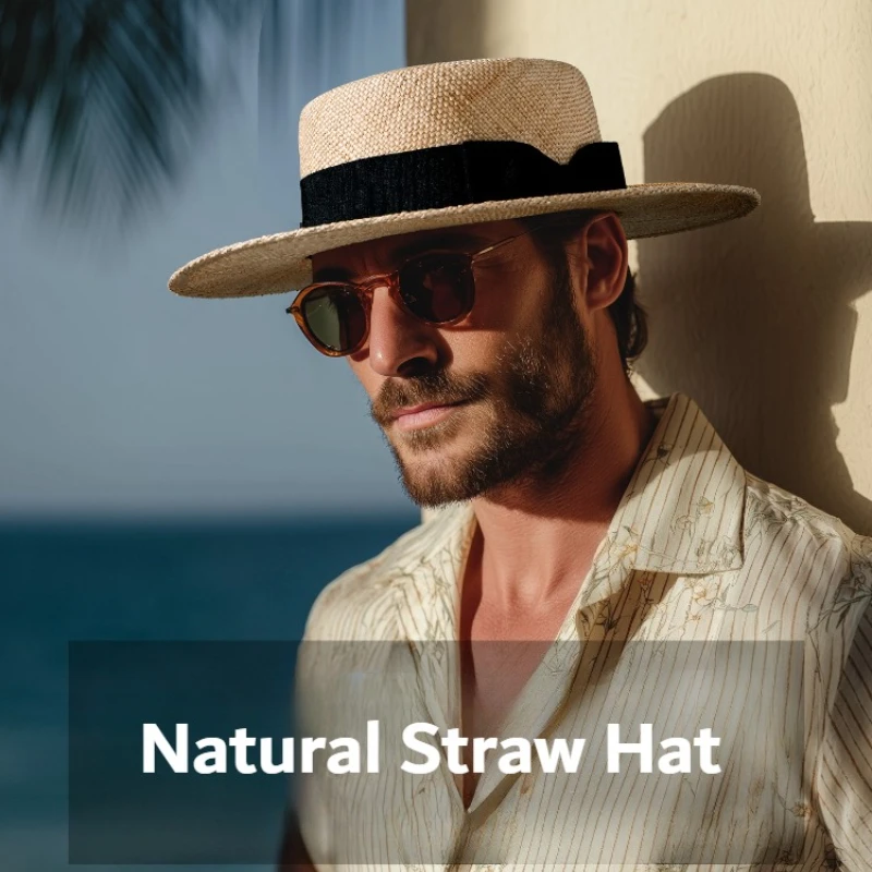 USPOP Men's Classic French Boater Hat Handmade Natural Straw Flat Top Sun Hat with Black Ribbon