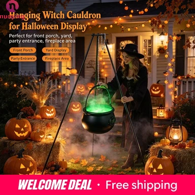 Calderone da strega per Halloween con supporto a treppiede, calderone con luce verde a LED e effetto nebbia, elemento scenografico spaventoso da appendere, decorazione per il prato, decorazione per la