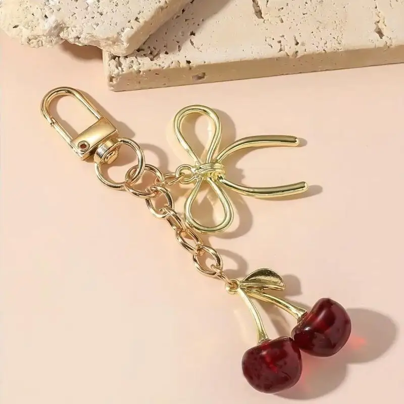 1 Uds. Llavero con lazo de cereza de 9cm, bonito llavero con colgante para bolso para mujeres y niñas, joyería, accesorios para bolso, regalo